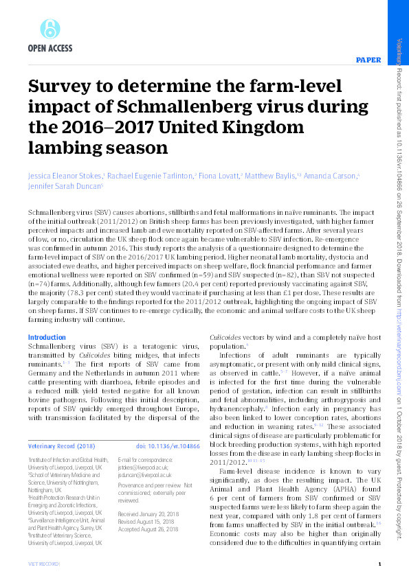 A survey to determine the farm level impact of Schmallenberg virus during the 2016-17 UK lambing season Thumbnail