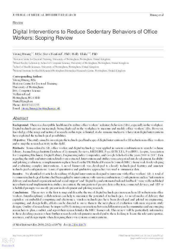 Digital interventions to reduce sedentary behaviors of office workers: Scoping review Thumbnail