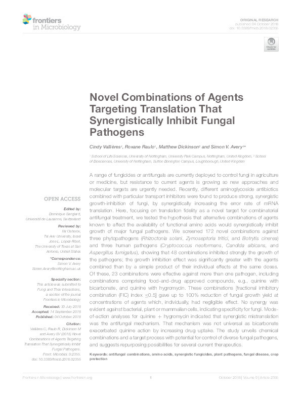 Novel combinations of agents targeting translation that synergistically inhibit fungal pathogens Thumbnail