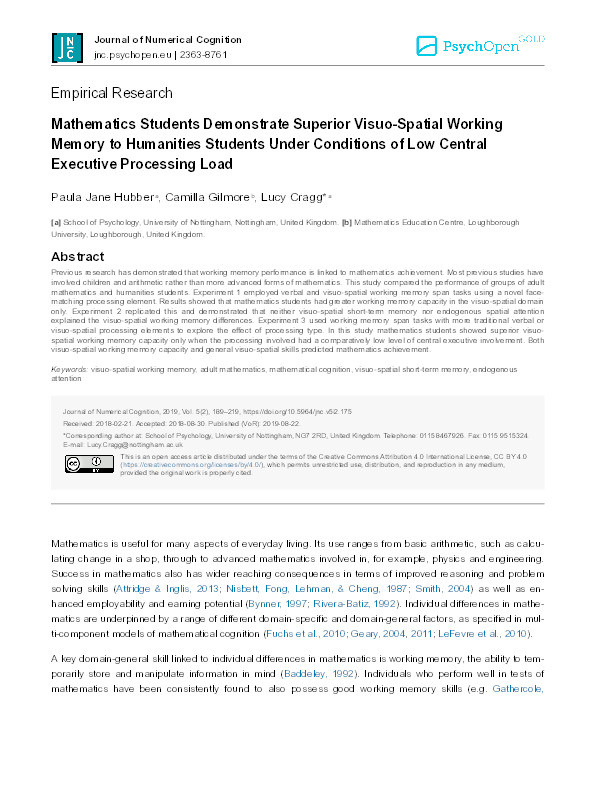 Mathematics students demonstrate superior visuo-spatial working memory to humanities students under conditions of low central executive processing load Thumbnail