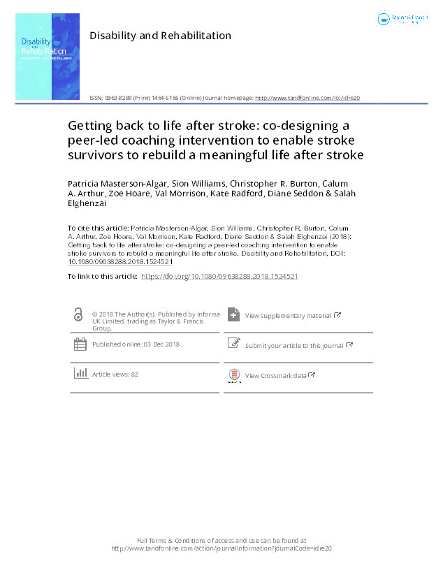 Getting back to life after stroke:  co-designing a peer-led coaching intervention to enable stroke survivors to rebuild a meaningful life after stroke Thumbnail
