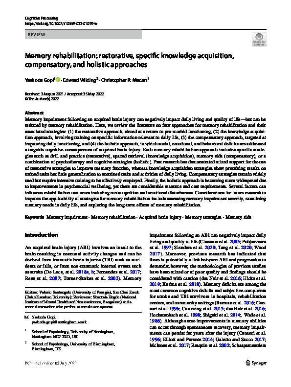 Memory rehabilitation: restorative, specific knowledge acquisition, compensatory, and holistic approaches Thumbnail
