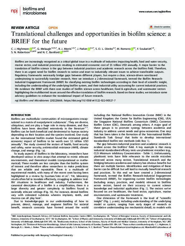 Translational challenges and opportunities in biofilm science: a BRIEF for the future Thumbnail