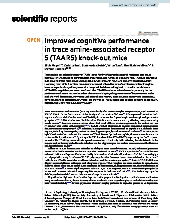 Improved cognitive performance in trace amine-associated receptor 5 (TAAR5) knock-out mice Thumbnail
