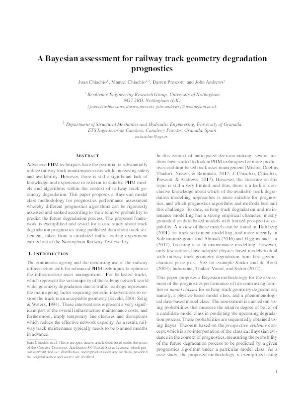 A Bayesian assessment for railway track geometry degradation prognostics Thumbnail