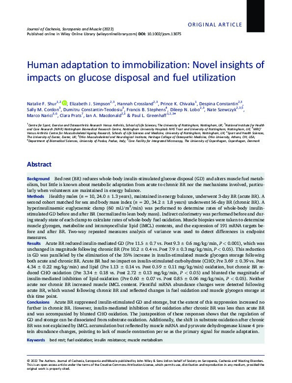 Human adaptation to immobilization: Novel insights of impacts on glucose disposal and fuel utilization Thumbnail
