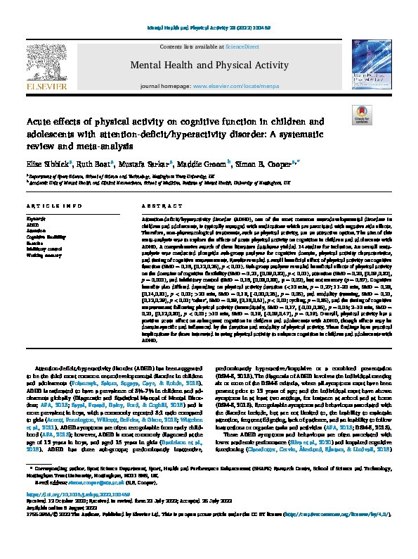 Acute effects of physical activity on cognitive function in children and adolescents with attention-deficit/hyperactivity disorder: A systematic review and meta-analysis Thumbnail