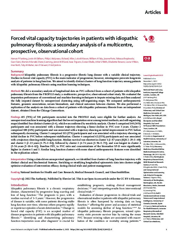 Forced vital capacity trajectories in patients with idiopathic pulmonary fibrosis: a secondary analysis of a multicentre, prospective, observational cohort Thumbnail