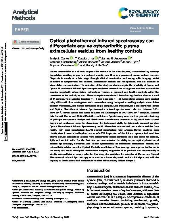 Optical photothermal infrared spectroscopy can differentiate equine osteoarthritic plasma extracellular vesicles from healthy controls Thumbnail