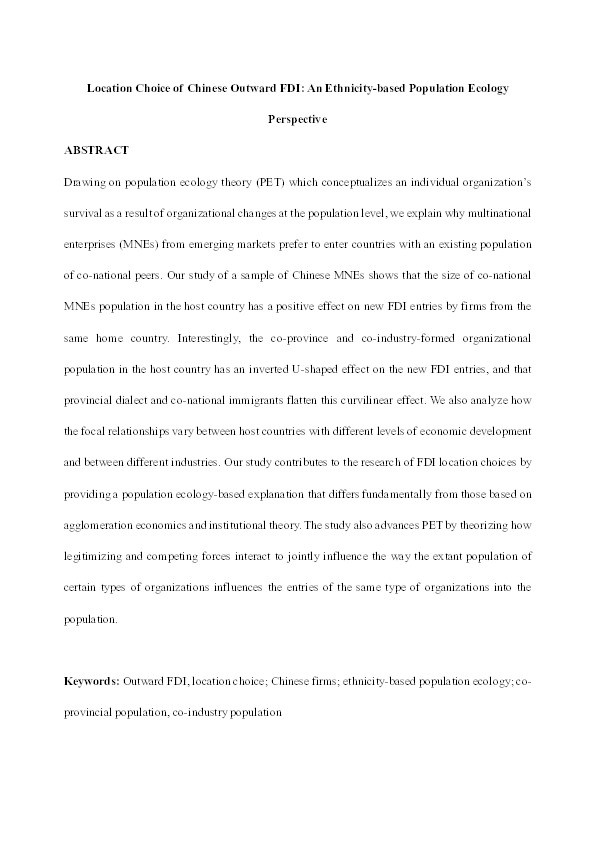 Location choice of Chinese outward FDI – An ethnicity-based population ecology perspective Thumbnail