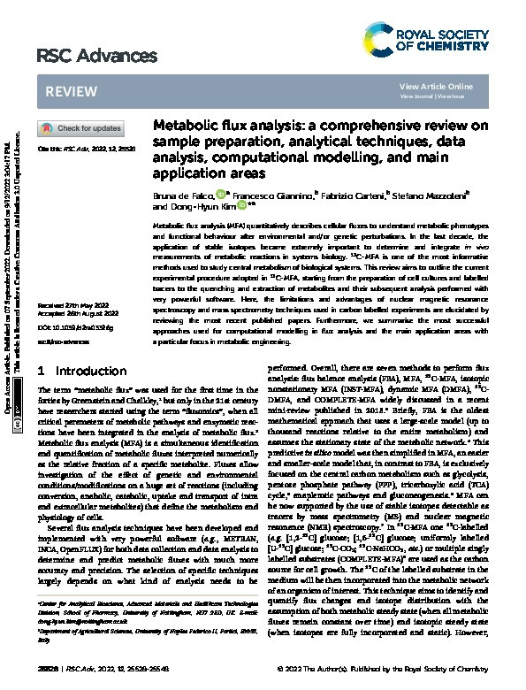 Metabolic flux analysis: a comprehensive review on sample preparation, analytical techniques, data analysis, computational modelling, and main application areas Thumbnail