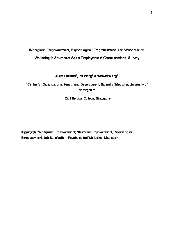 Workplace empowerment, psychological empowerment and work-related wellbeing in southeast Asian employees: a cross-sectional survey Thumbnail