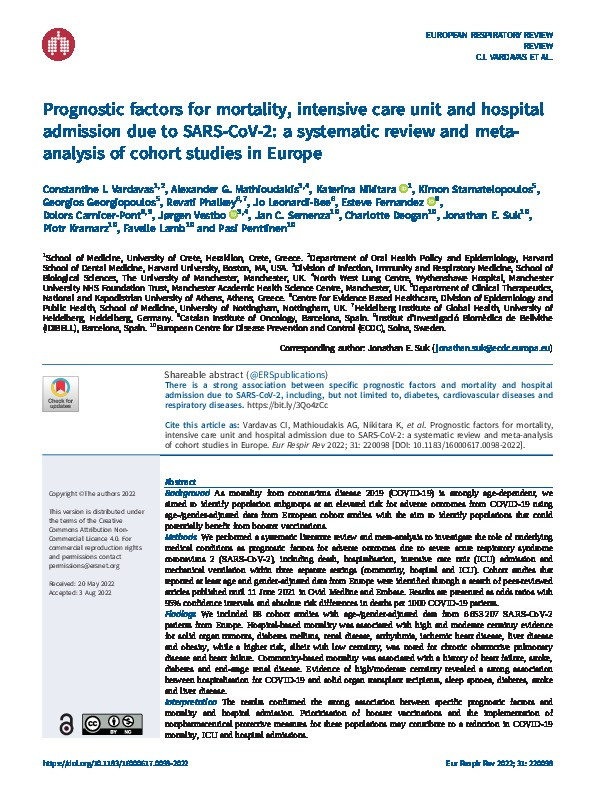 Prognostic factors for mortality, intensive care unit and hospital admission due to SARS-CoV-2: a systematic review and meta-analysis of cohort studies in Europe Thumbnail