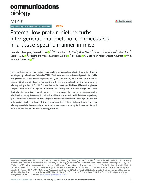 Paternal low protein diet perturbs inter-generational metabolic homeostasis in a tissue-specific manner in mice Thumbnail