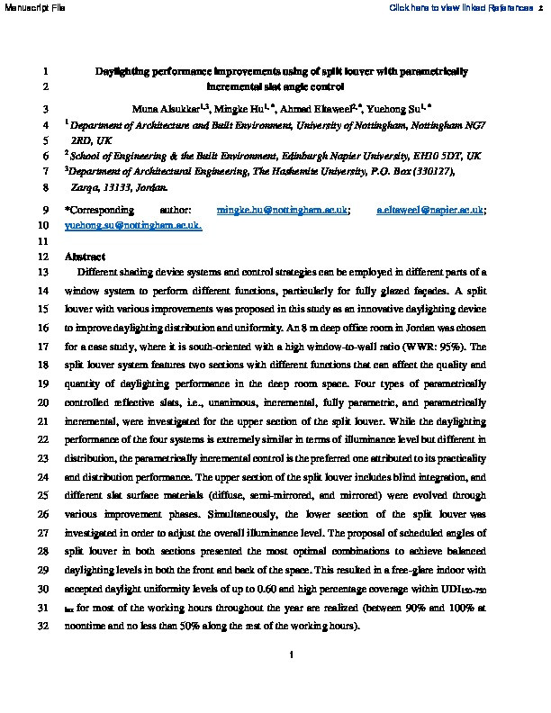 Daylighting performance improvements using of split louver with parametrically incremental slat angle control Thumbnail