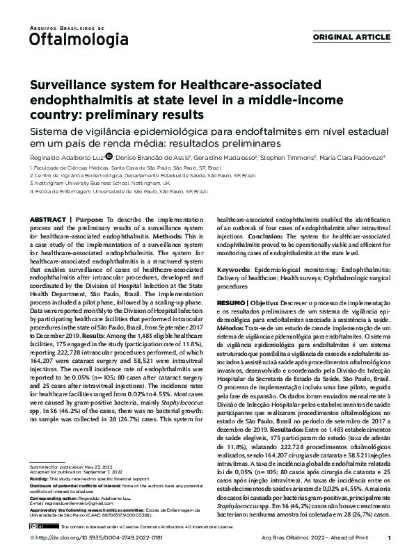 Surveillance system for Healthcare-associated endophthalmitis at state level in a middle-income country: preliminary results Thumbnail