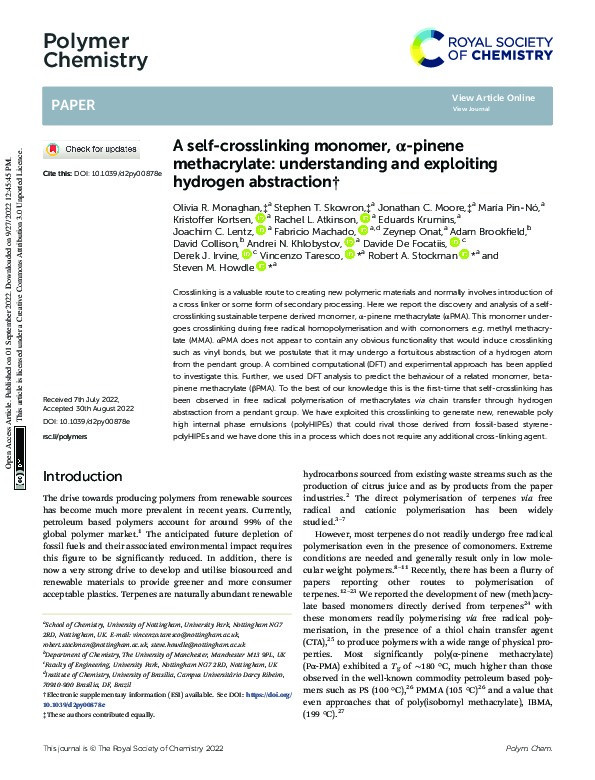 A self-crosslinking monomer, α-pinene methacrylate: understanding and exploiting hydrogen abstraction Thumbnail