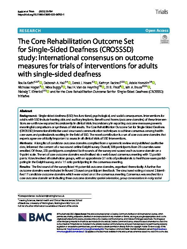 The Core Rehabilitation Outcome Set for Single-Sided Deafness (CROSSSD) study: International consensus on outcome measures for trials of interventions for adults with single-sided deafness Thumbnail