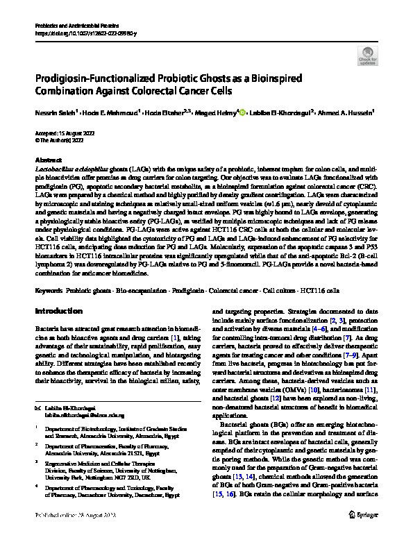 Prodigiosin-Functionalized Probiotic Ghosts as a Bioinspired Combination Against Colorectal Cancer Cells Thumbnail