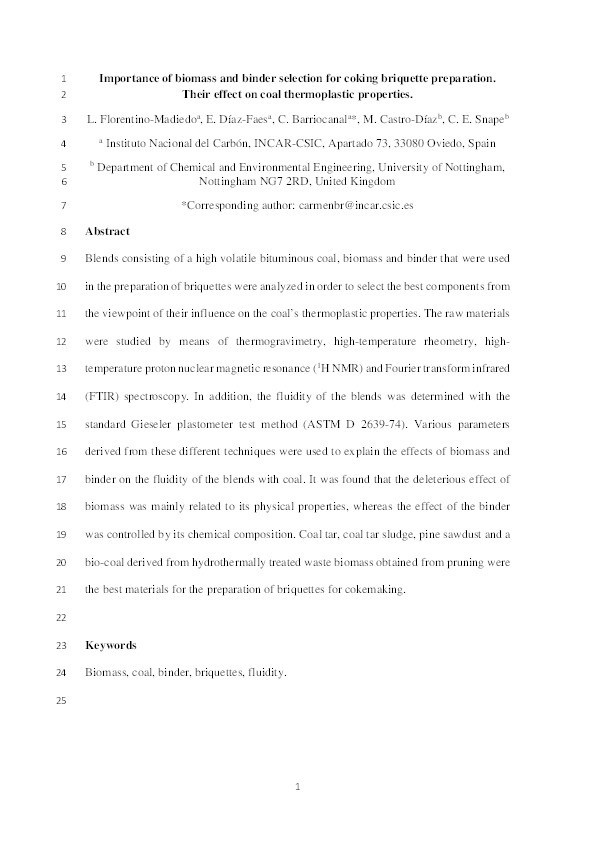 Importance of biomass and binder selection for coking briquette preparation: their effect on coal thermoplastic properties. Thumbnail