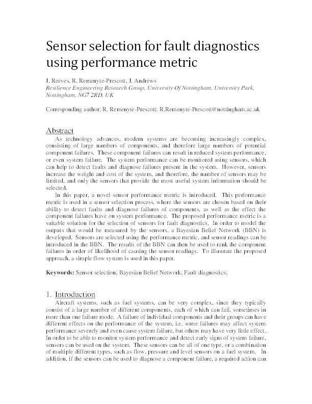 Sensor selection for fault diagnostics using performance metric Thumbnail