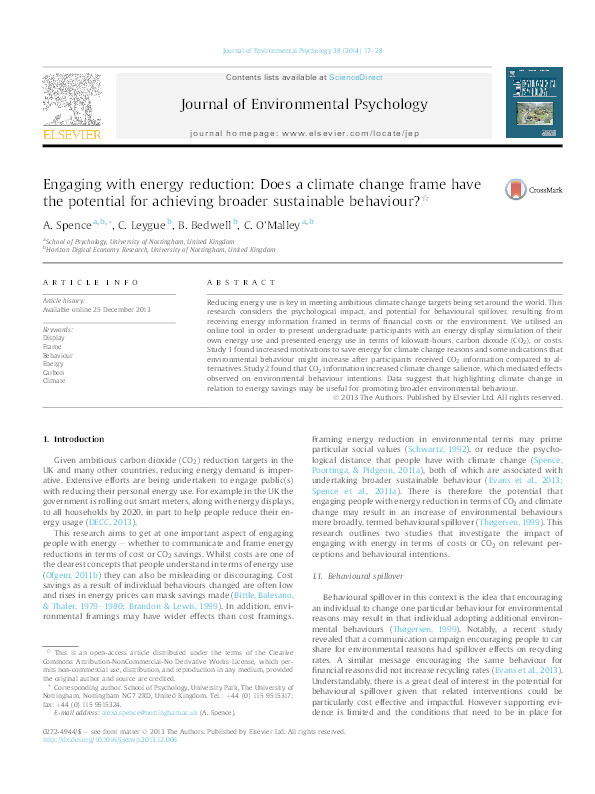 Engaging with energy reduction: Does a climate change frame have the potential for achieving broader sustainable behaviour? Thumbnail