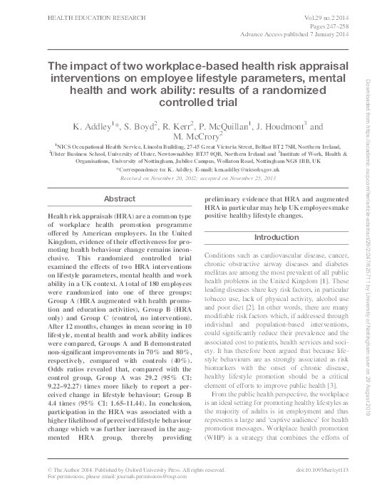 The impact of two workplace-based health risk appraisal interventions on employee lifestyle parameters, mental health and work ability: results of a randomized controlled trial Thumbnail