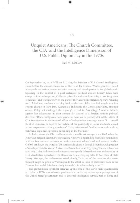 Unquiet Americans: The Church Committee, the CIA and the Intelligence Dimension of U.S. Public Diplomacy in the 1970s Thumbnail