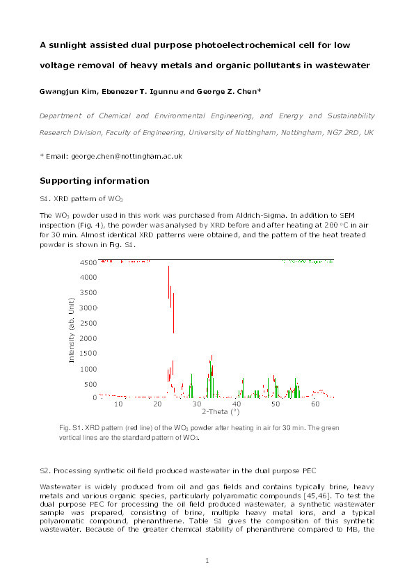 A sunlight assisted dual purpose photoelectrochemical cell for low voltage removal of heavy metals and organic pollutants in wastewater Thumbnail