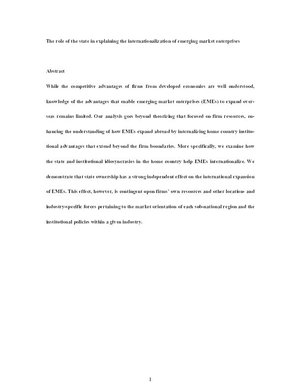 The Role of the State in Explaining the Internationalization of Emerging Market Enterprises: Internationalization of Emerging Market Enterprises Thumbnail