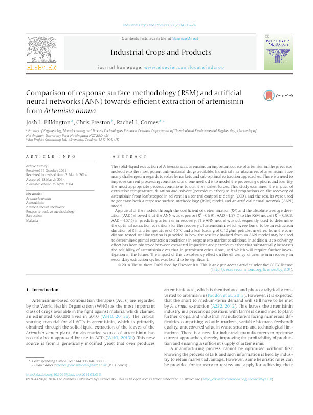 Comparison of response surface methodology (RSM) and artificial neural networks (ANN) towards efficient extraction of artemisinin from Artemisia annua Thumbnail