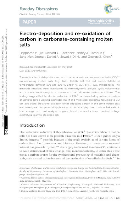 Electro-deposition and re-oxidation of carbon in carbonate containing molten salts Thumbnail