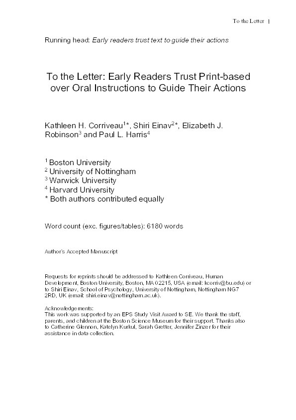 To the letter: Early readers trust print-based over oral instructions to guide their actions Thumbnail