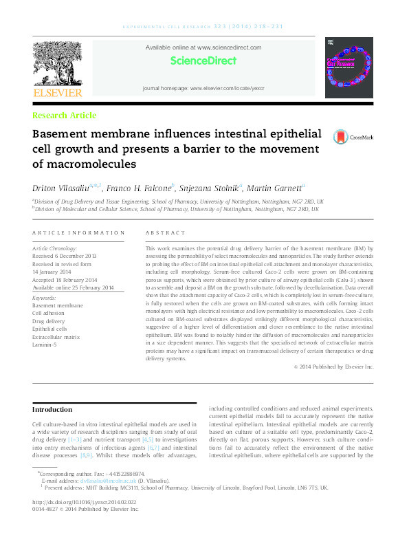 Basement membrane influences intestinal epithelial cell growth and presents a barrier to the movement of macromolecules Thumbnail