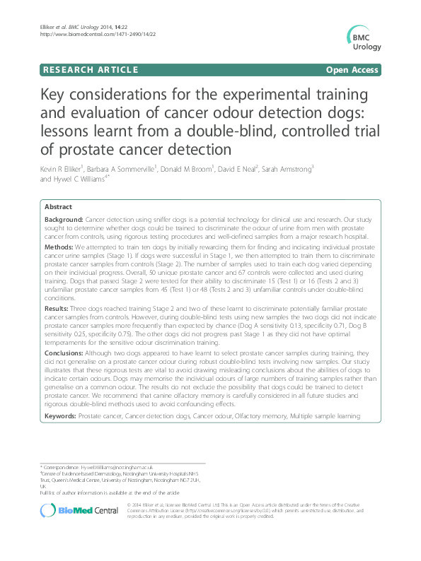 Key considerations for the experimental training and evaluation of cancer odour detection dogs: lessons learnt from a double-blind, controlled trial of prostate cancer detection Thumbnail