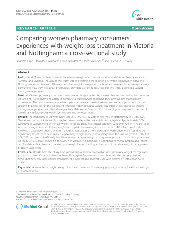Comparing women pharmacy consumers’ experiences with weight loss treatment in Victoria and Nottingham: a cross-sectional study Thumbnail