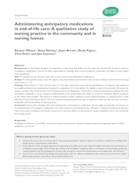 Administering anticipatory medications in end-of-life care: A qualitative study of nursing practice in the community and in nursing homes Thumbnail