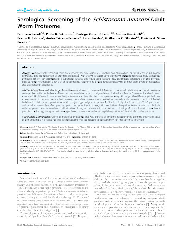 Serological screening of the Schistosoma mansoni adult worm proteome Thumbnail