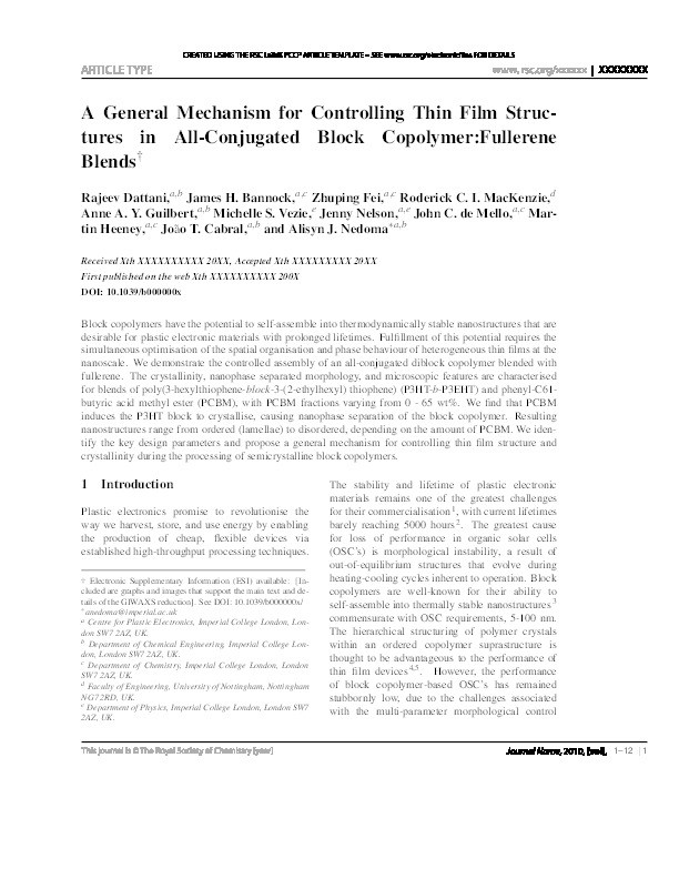 A general mechanism for controlling thin film structures in all-conjugated block copolymer:fullerene blends Thumbnail