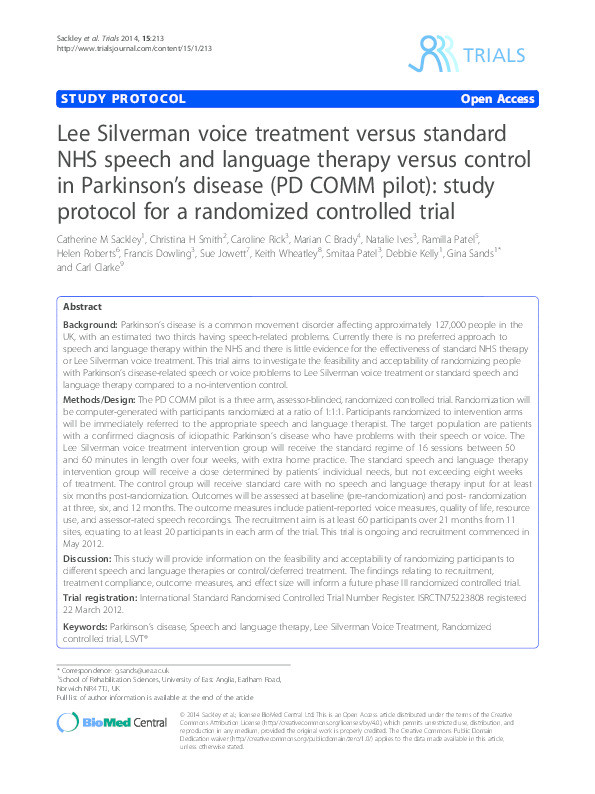 Lee Silverman voice treatment versus standard NHS speech and language therapy versus control in Parkinson's disease (PD COMM pilot): study protocol for a randomized controlled trial Thumbnail