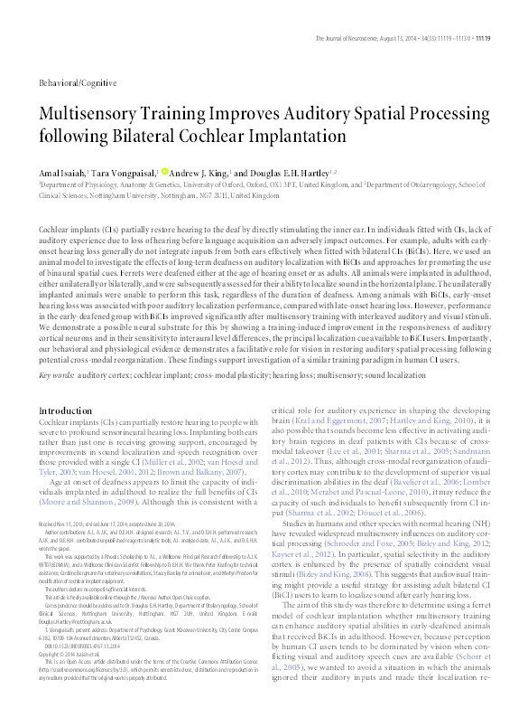 Multisensory Training Improves Auditory Spatial Processing following Bilateral Cochlear Implantation Thumbnail