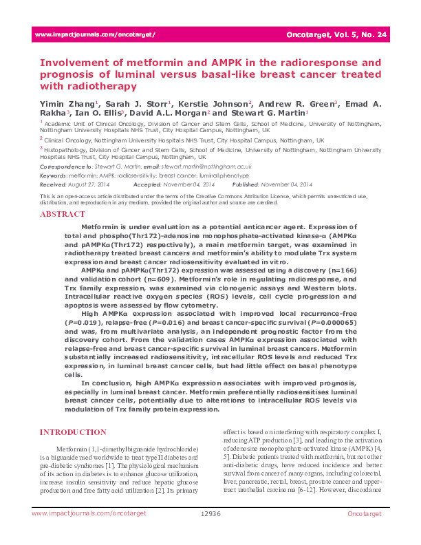 Involvement of metformin and AMPK in the radioresponse and prognosis of luminal versus basal-like breast cancer treated with radiotherapy Thumbnail