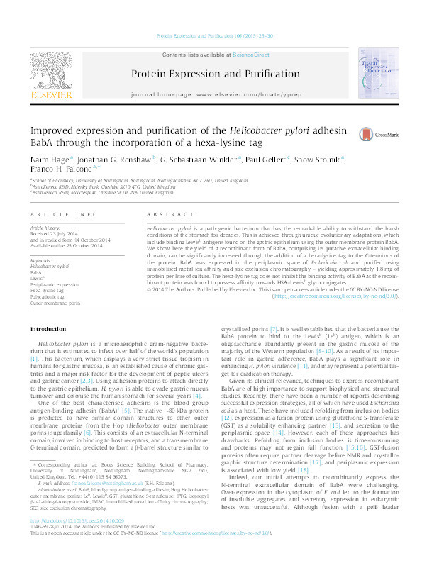 Improved expression and purification of the Helicobacter pylori adhesin BabA through the incorporation of a hexa-lysine tag Thumbnail