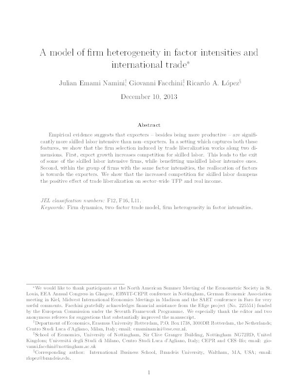 A model of firm heterogeneity in factor intensities and international trade Thumbnail