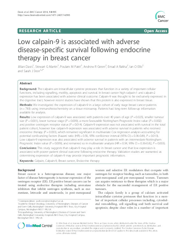 Low calpain-9 is associated with adverse disease-specific survival following endocrine therapy in breast cancer Thumbnail