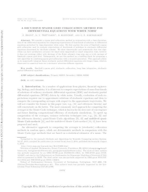 A recursive sparse grid collocation method for differential equations with white noise Thumbnail
