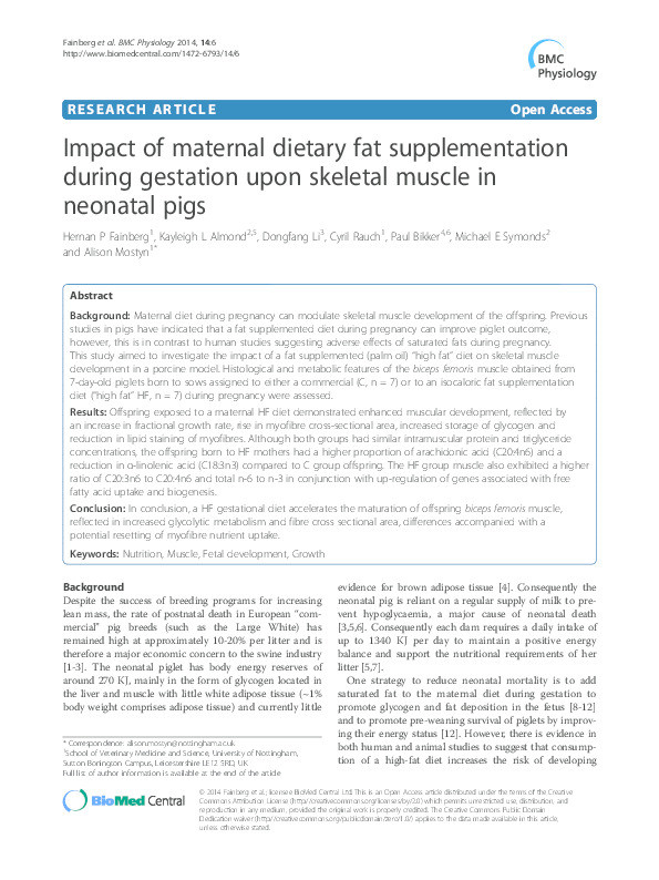 Impact of maternal dietary fat supplementation during gestation upon skeletal muscle in neonatal pigs Thumbnail