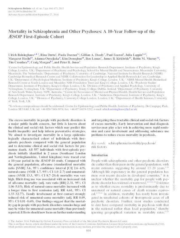 Mortality in Schizophrenia and Other Psychoses: A 10-Year Follow-up of the ?SOP First-Episode Cohort Thumbnail