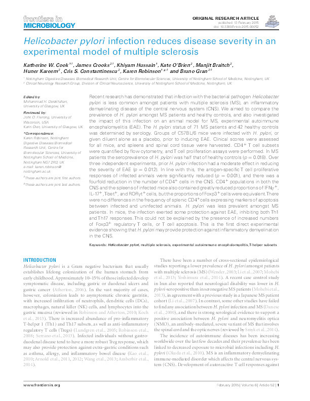 Helicobacter pylori infection reduces disease severity in an experimental model of multiple sclerosis Thumbnail