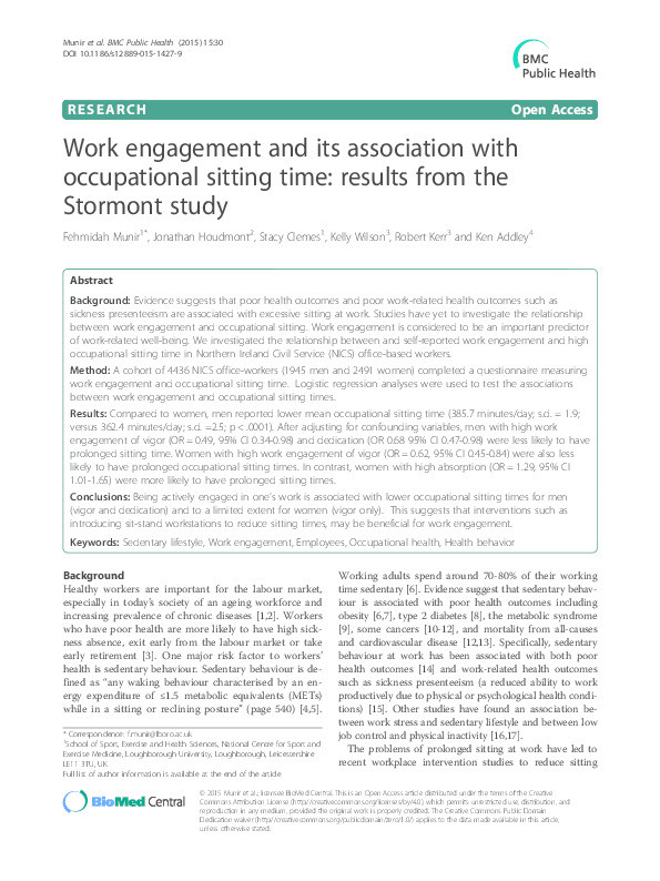 Work engagement and its association with occupational sitting time: results from the Stormont Study Thumbnail